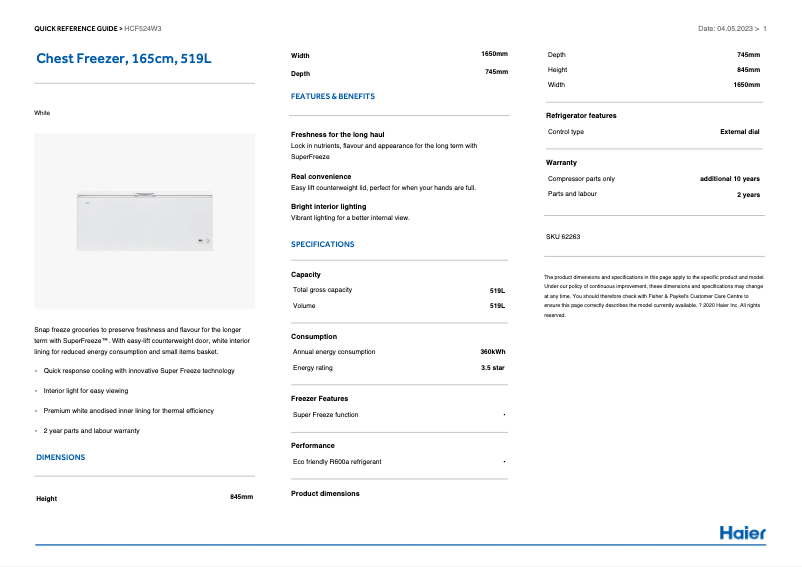 Página 1 del manual Información de garantía Haier HCF524W3