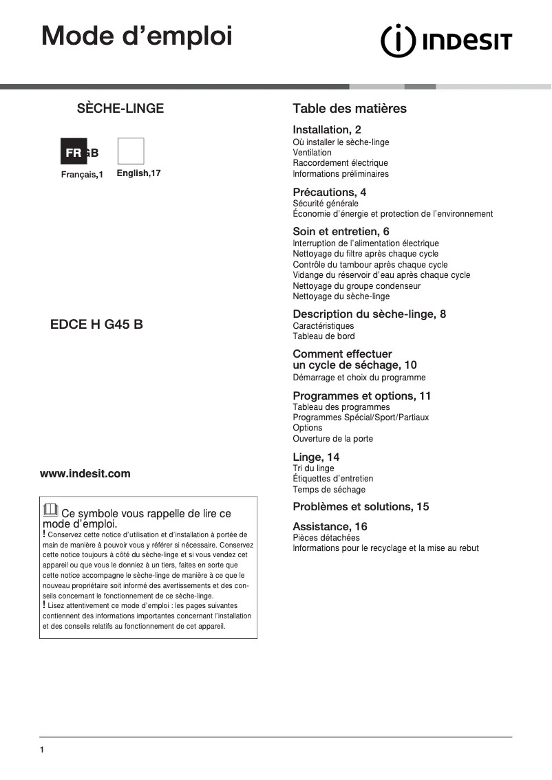Página 1 del manual Manual de usuario Indesit EDCE H G45 B (FR)