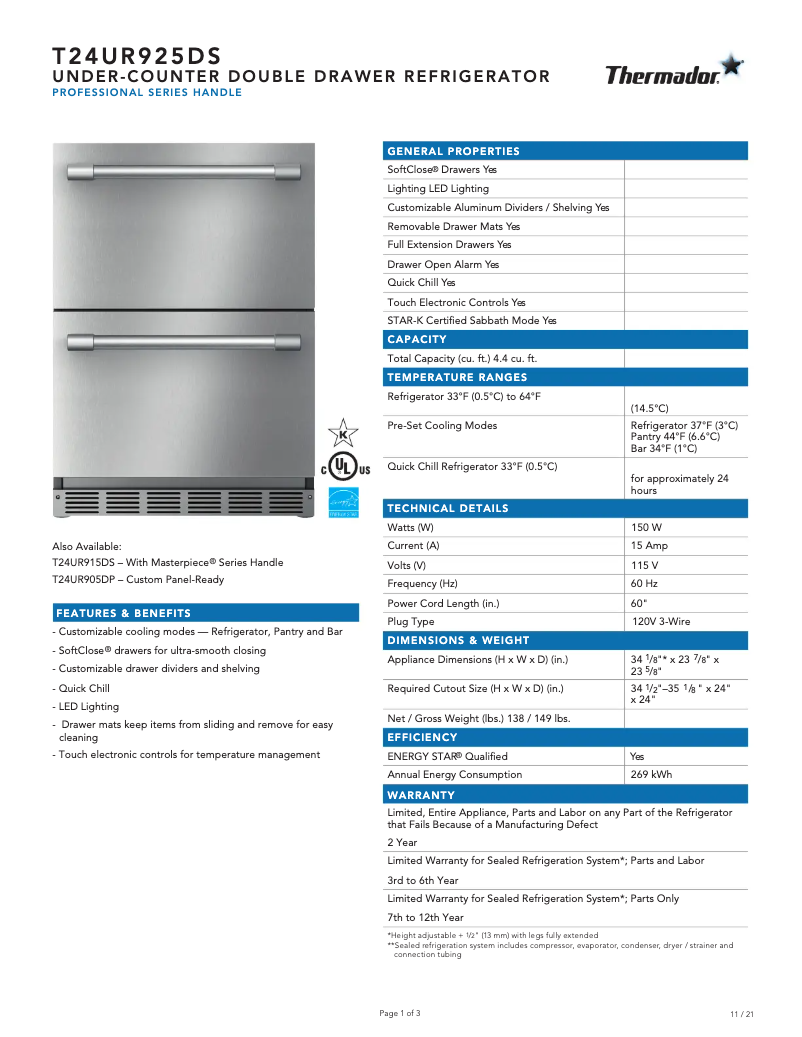 Página 1 del manual Ficha técnica Thermador T24UR925DS