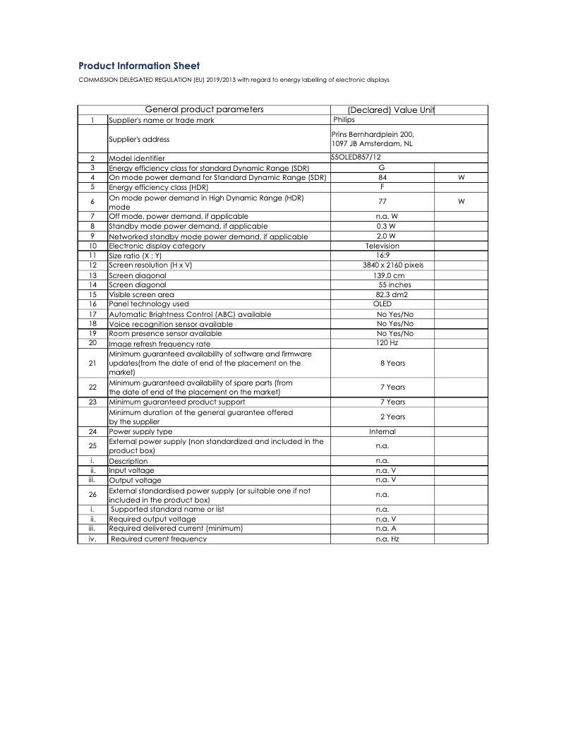 Página 1 del manual Ficha técnica Philips 55OLED857