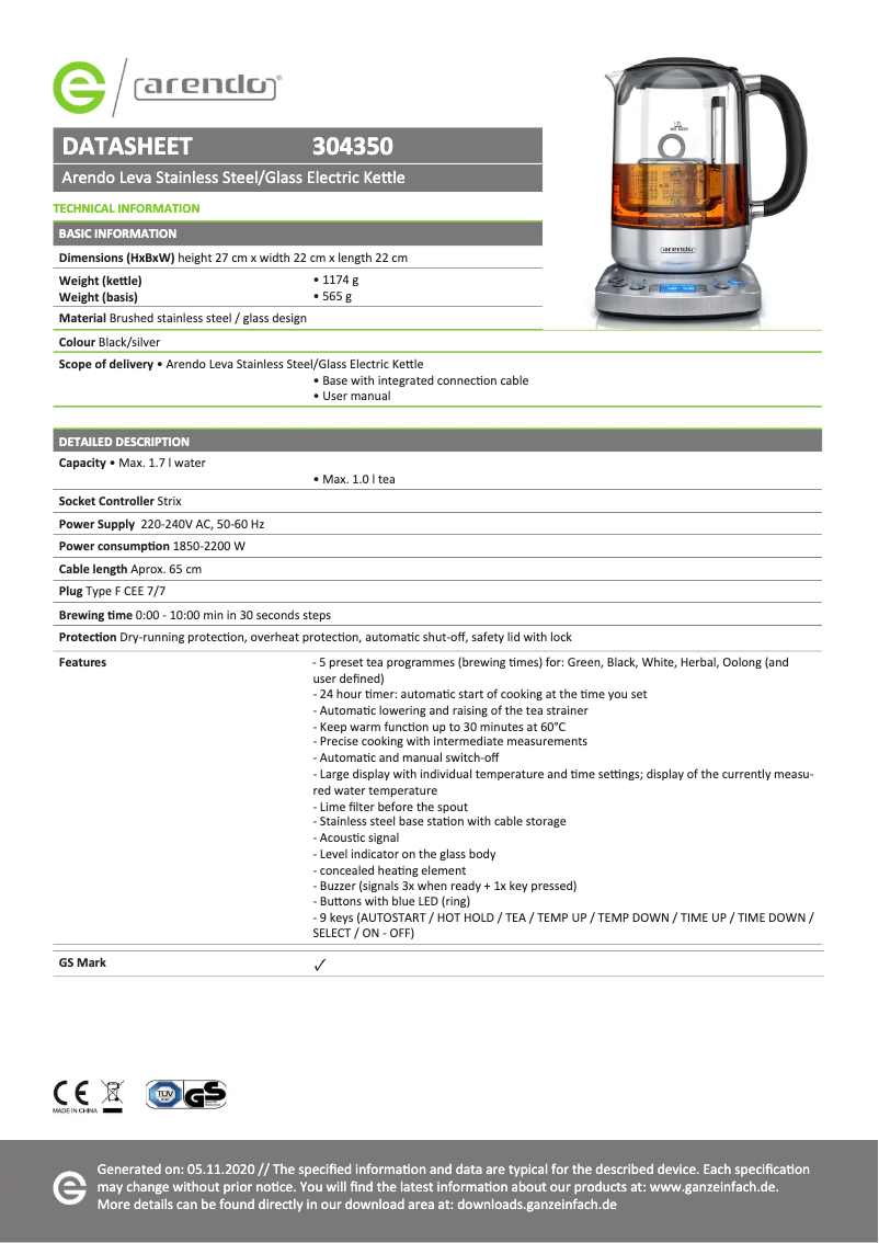 Página 1 del manual Ficha técnica Arendo Leva 304350