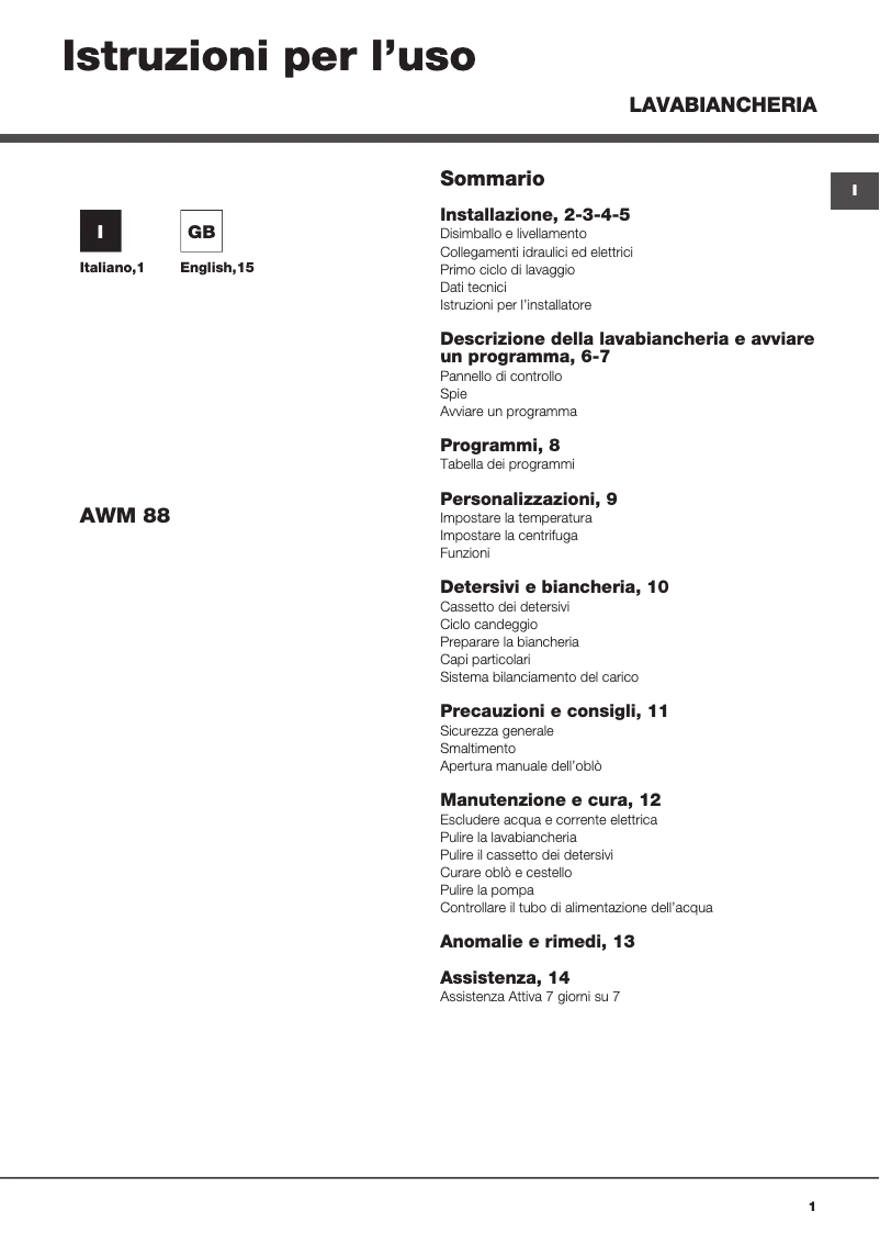 Página 1 del manual Manual de usuario Hotpoint Ariston AWM 88