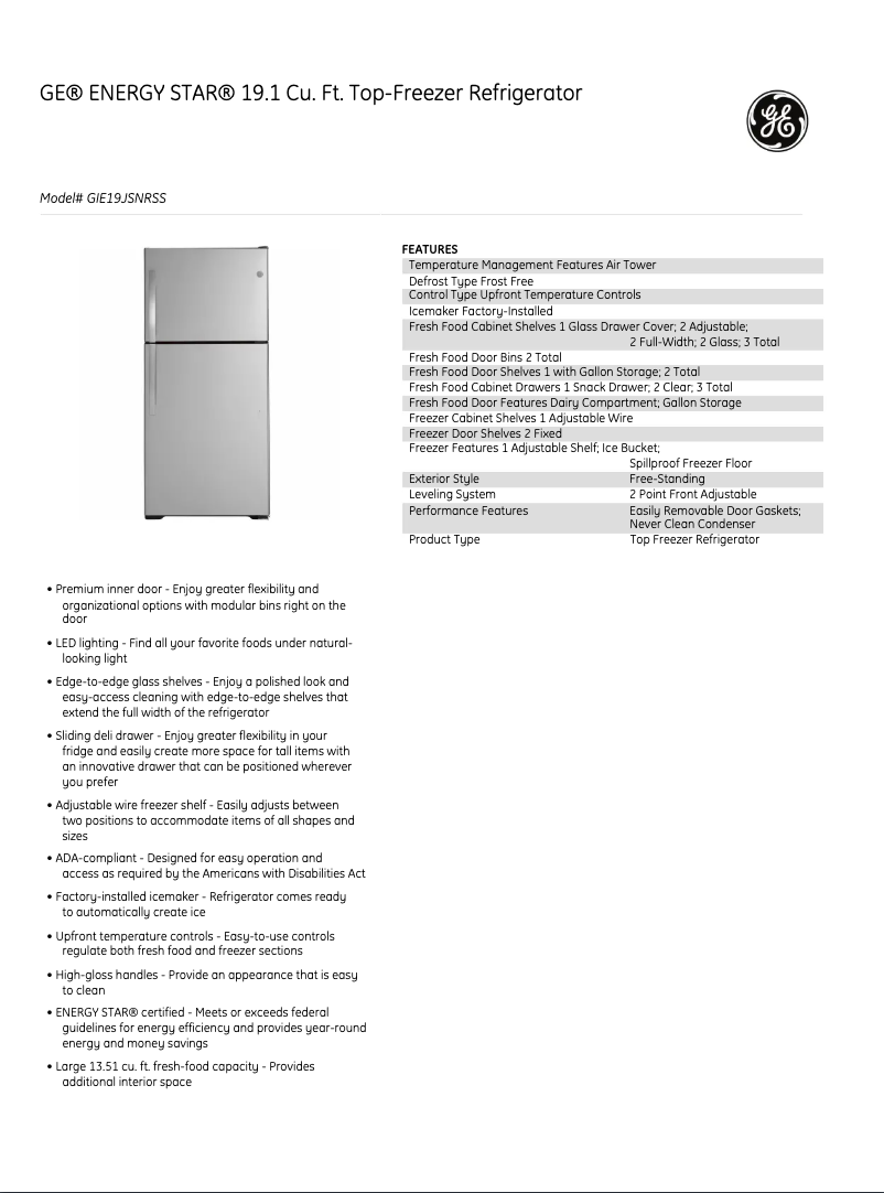 Página 1 del manual Ficha técnica GE GIE19JSNRSS