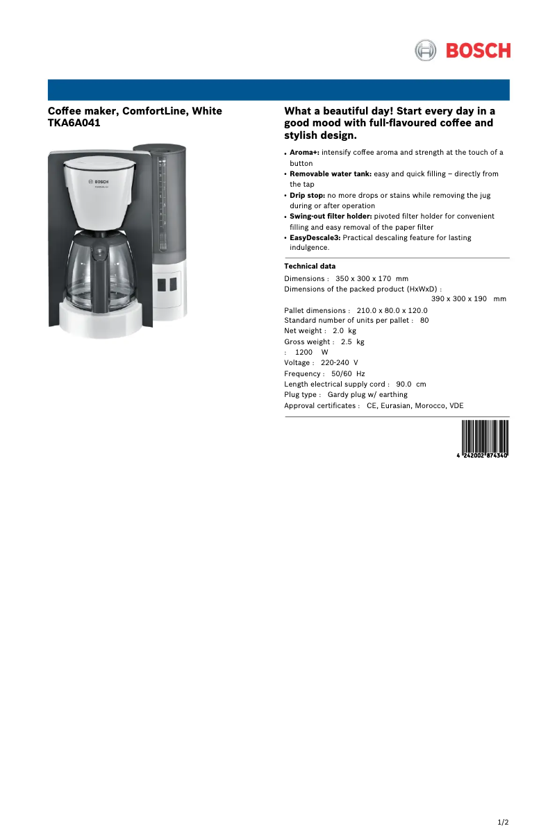 Página 1 del manual Ficha técnica Bosch ComfortLine TKA6A041