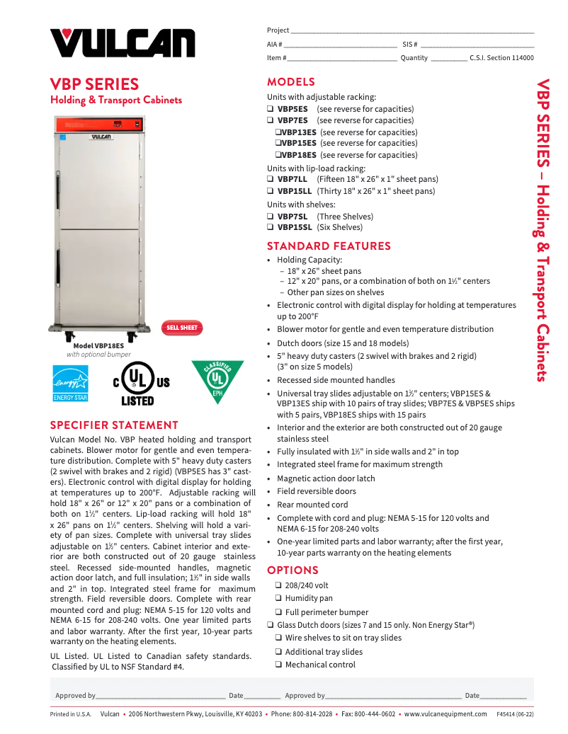 Página 1 del manual Ficha técnica Vulcan VBP15ES