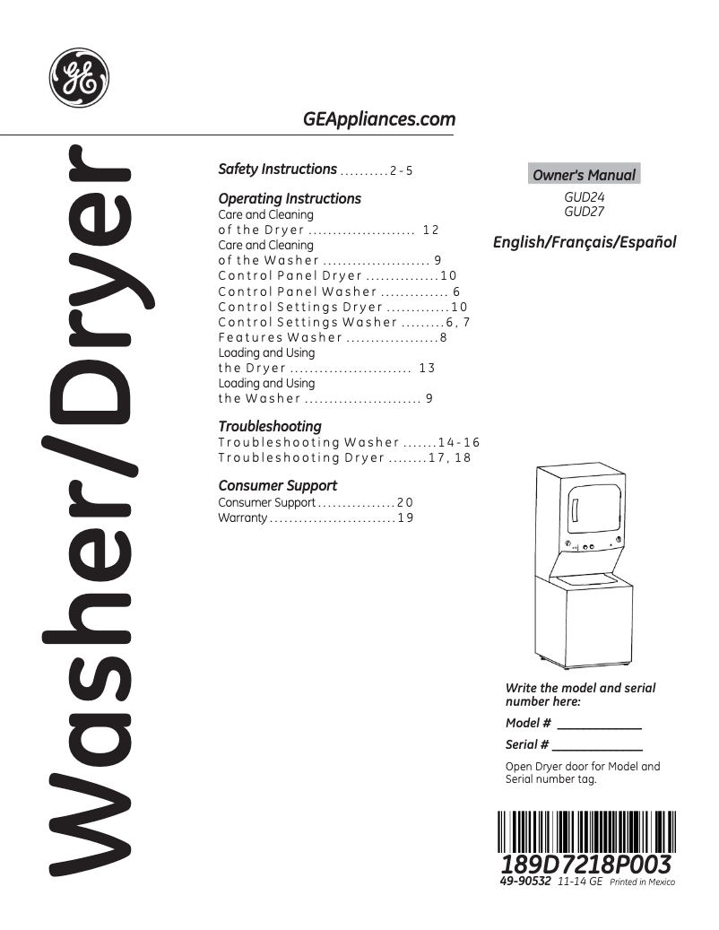Página 1 del manual Manual de usuario GE Spacemaker GUD27ESSJWW