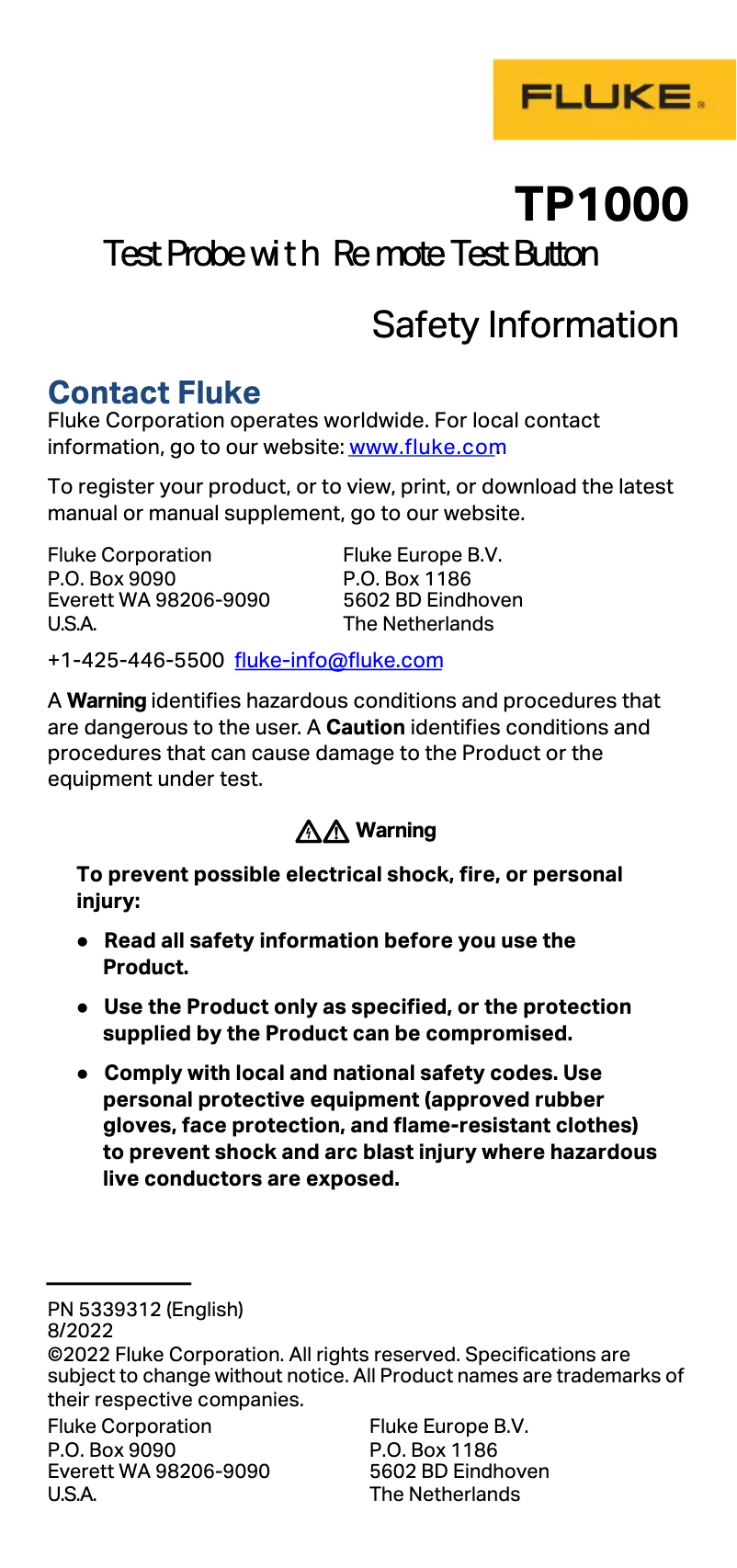 Página nº 1 - Instrucciones de seguridad Fluke TruTest SMFT-1000