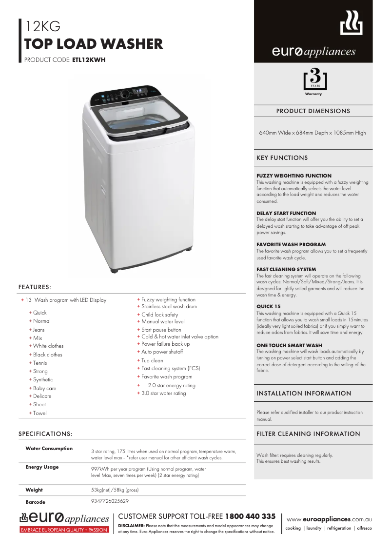 Página 1 del manual Ficha técnica Euro Appliances ETL12KWH