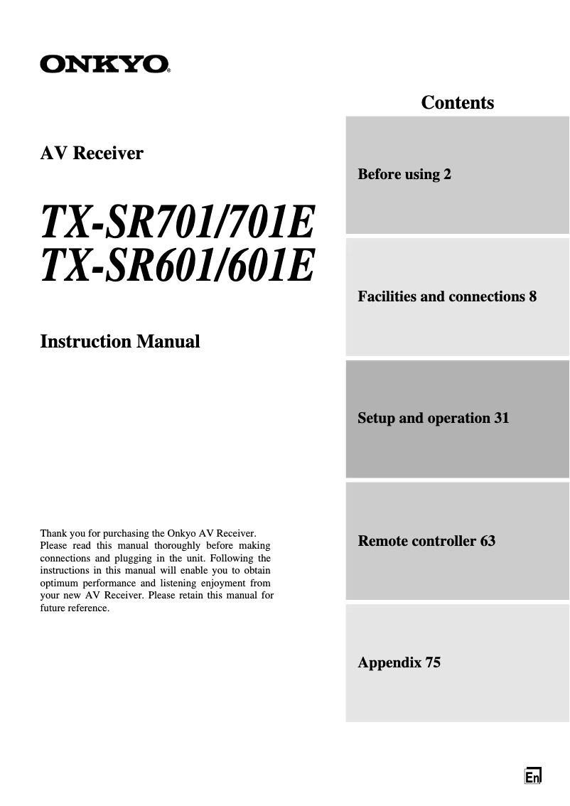 Imagen de la primera página del manual del dispositivo TX-SR601