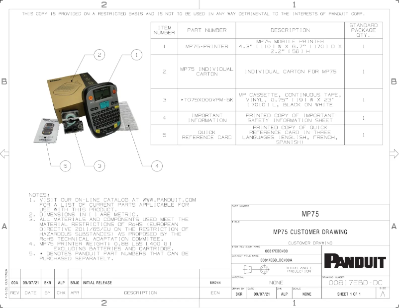 Página 1 del manual Dibujo técnico Panduit MP75