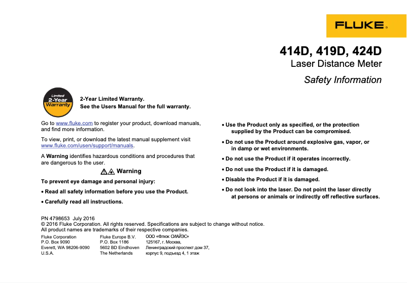 Página 1 del manual Instrucciones de seguridad Fluke 414D