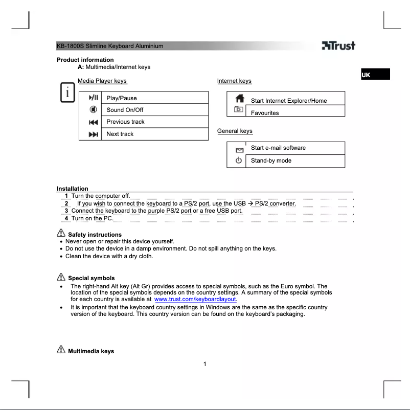 Página nº 1 - Manual de usuario Trust XpertTouch KB-1800S