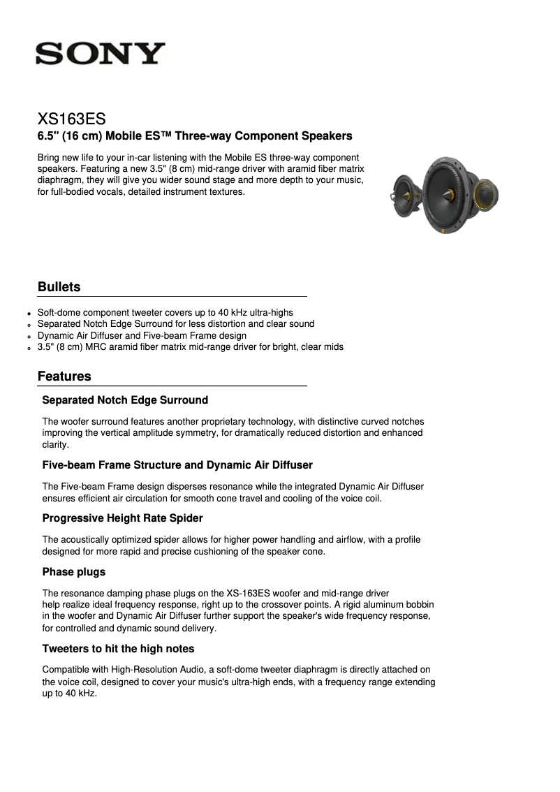 Página 1 del manual Ficha técnica Sony XS-163ES