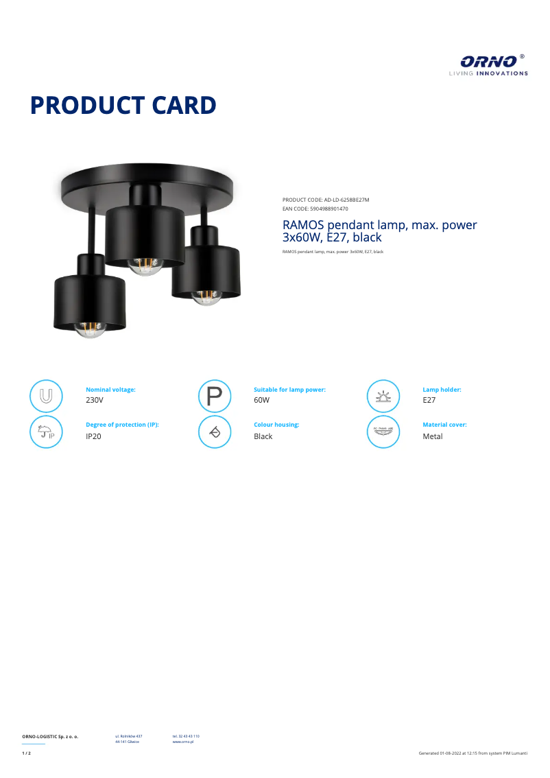 Página 1 del manual Ficha técnica Adviti AD-LD-6258BE27M
