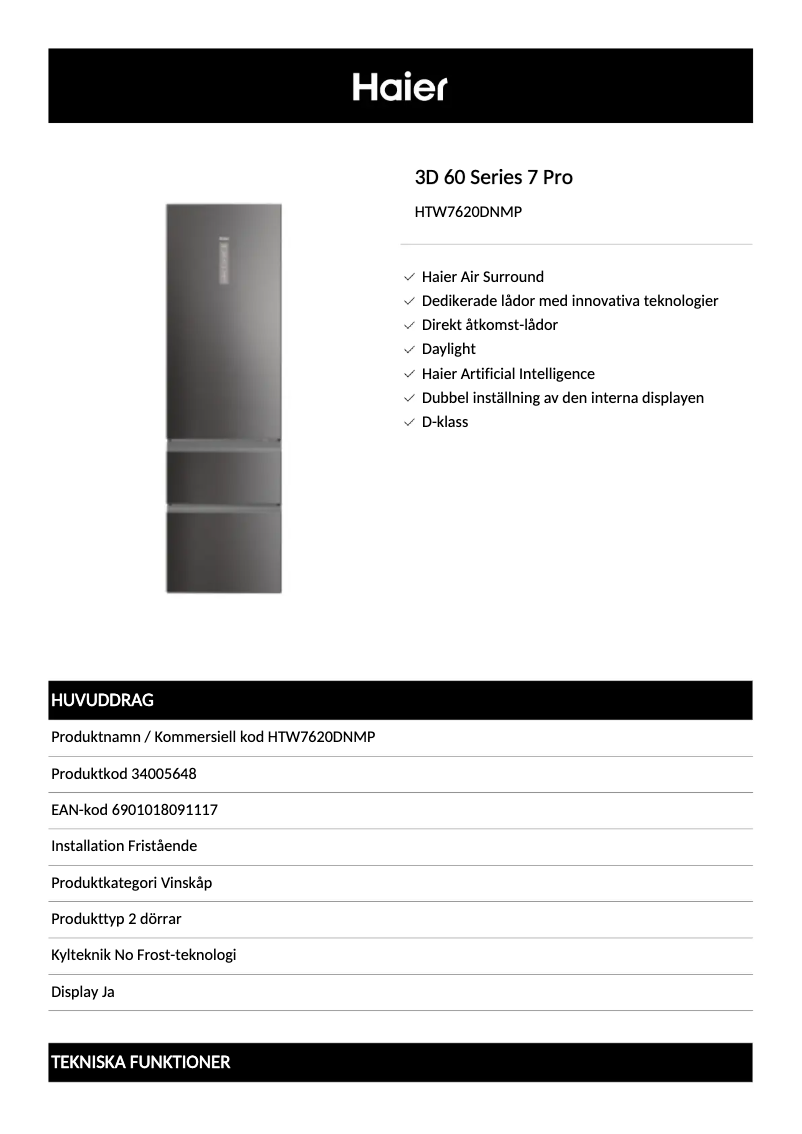 Página 1 del manual Ficha técnica Haier HTW7620DNMP