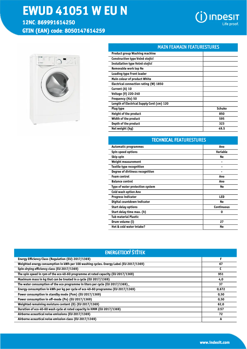 Página 1 del manual Ficha técnica Indesit EWUD 41051 W EU N