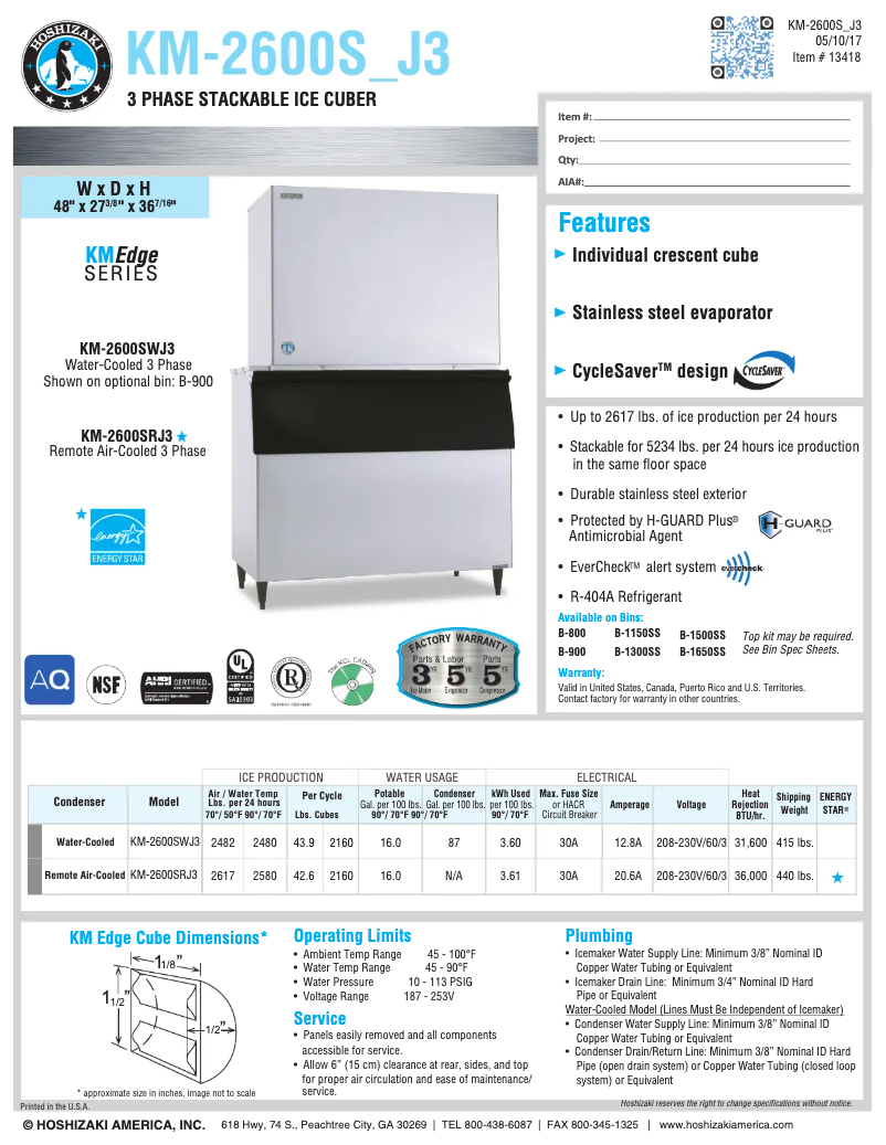 Página 1 del manual Ficha técnica Hoshizaki KM-2600SRJ3