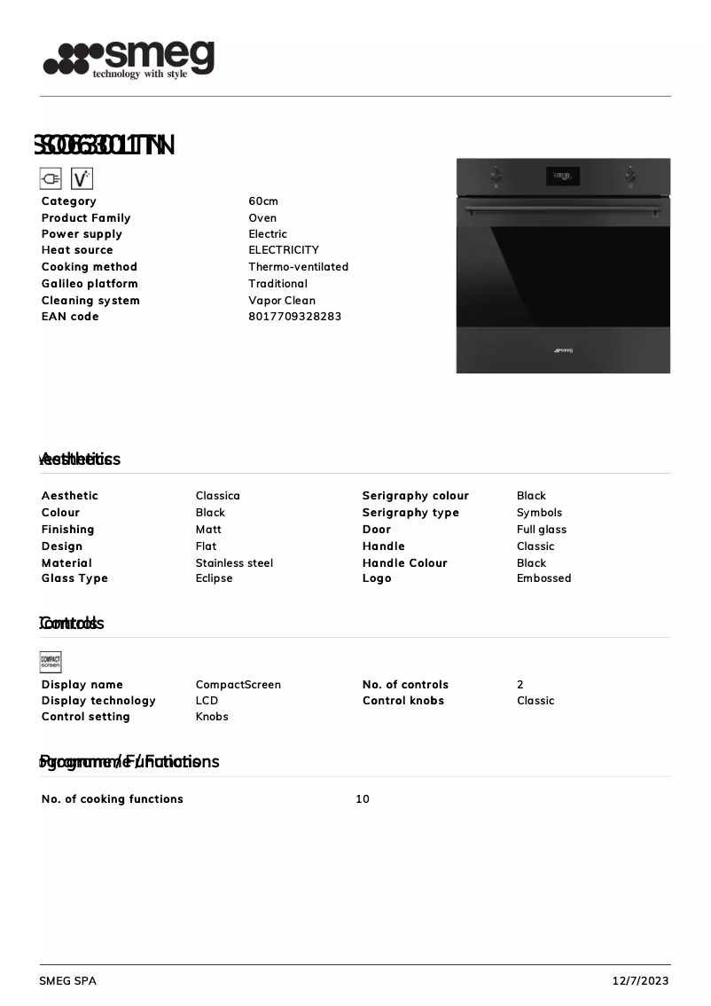 Página 1 del manual Ficha técnica Smeg SO6301TN