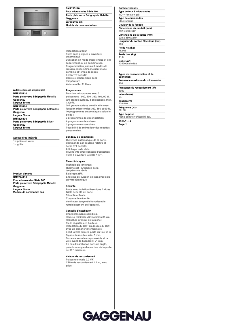 Página 1 del manual Ficha técnica Gaggenau BMP225110