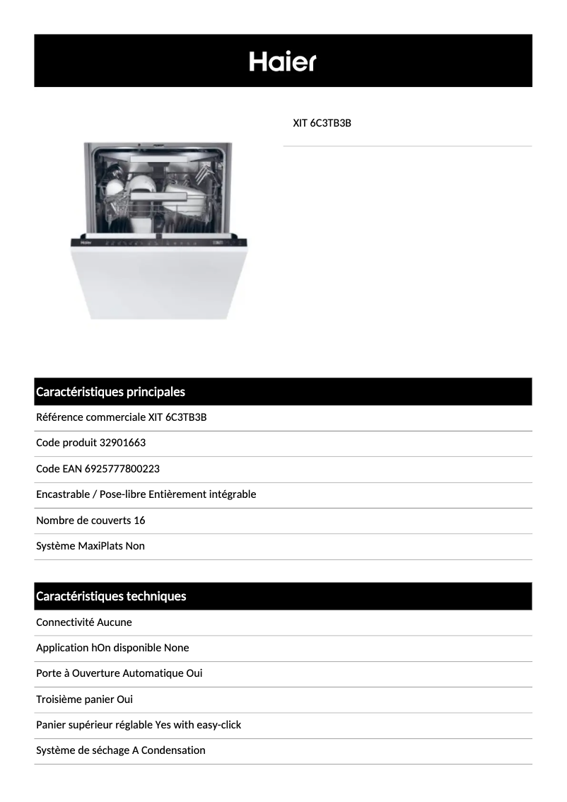 Página 1 del manual Ficha técnica Haier XIT 6C3TB3B