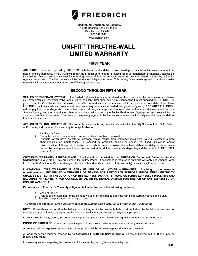 Página 1 del manual Información de garantía Friedrich UCT12A10A