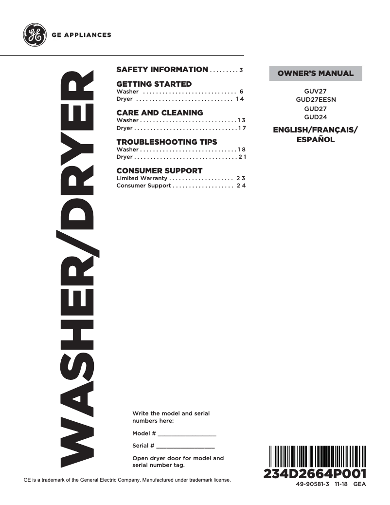 Página 1 del manual Manual de uso y mantenimiento GE Spacemaker GUD24ESSJWW