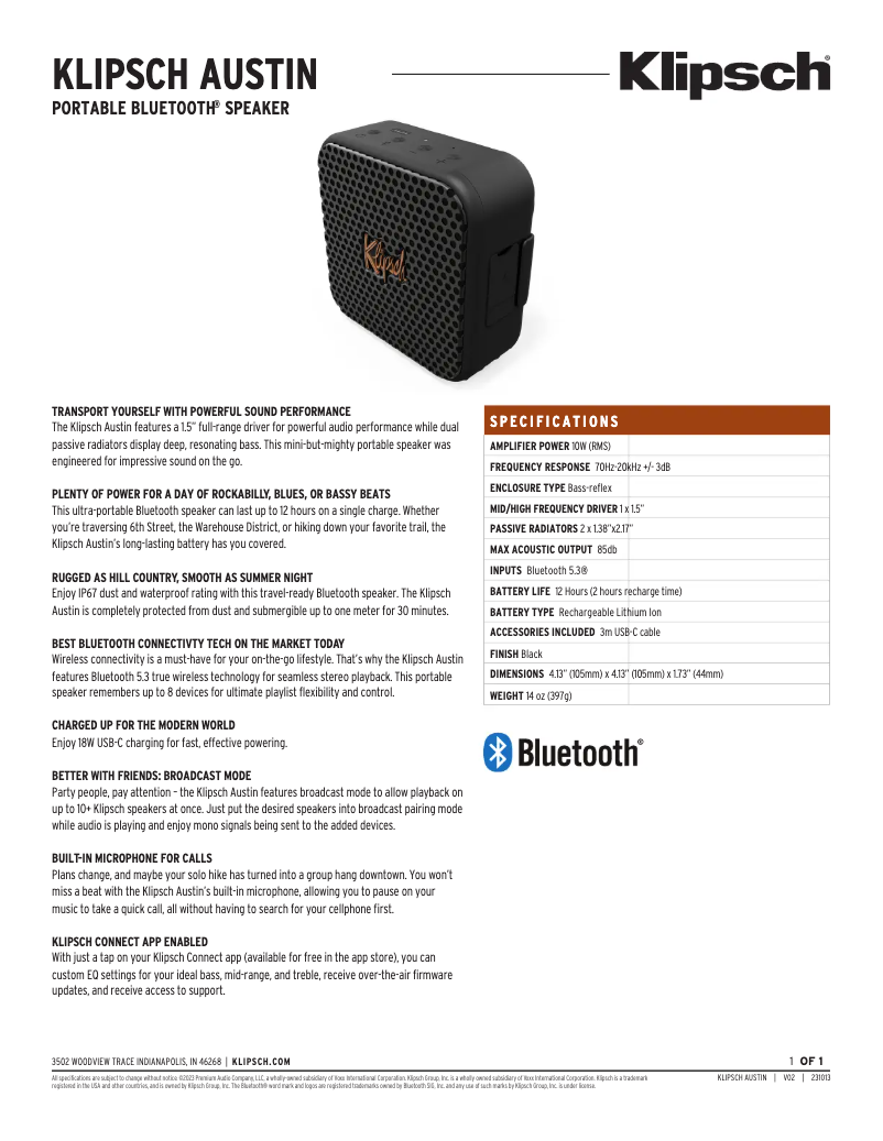 Página 1 del manual Ficha técnica Klipsch Austin