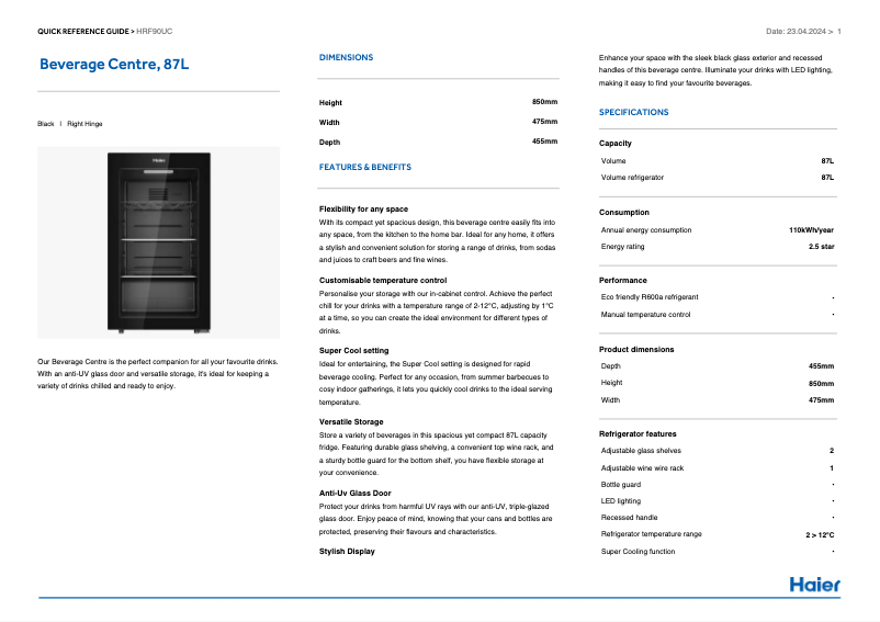 Página 1 del manual Ficha técnica Haier HRF90UC