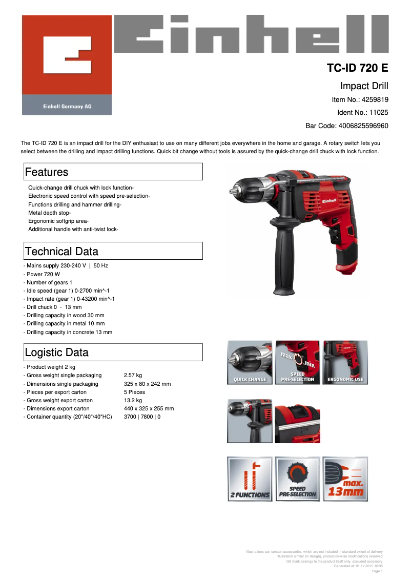Página 1 del manual Ficha técnica Einhell TC-ID 720 E