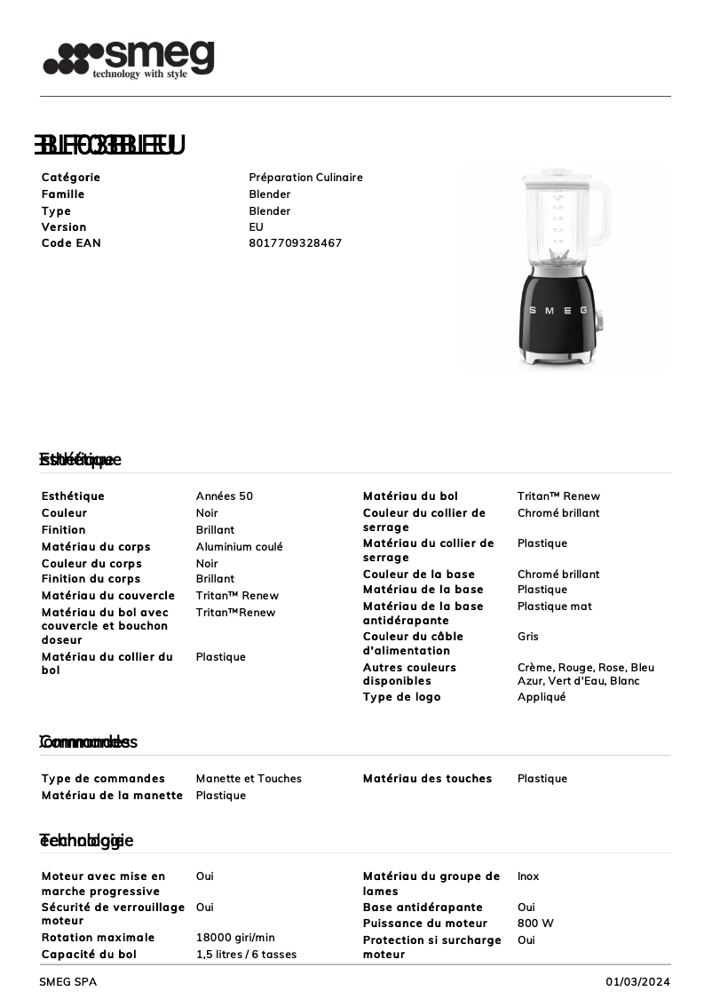 Página 1 del manual Ficha técnica Smeg BLF03