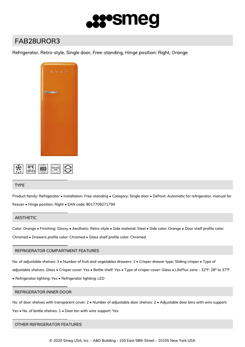 Página 1 del manual Ficha técnica Smeg FAB28UROR3