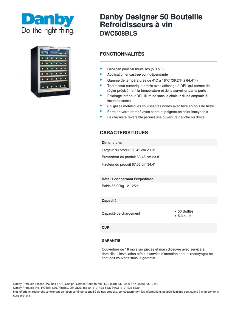 Página 1 del manual Ficha técnica Danby DWC508BLS