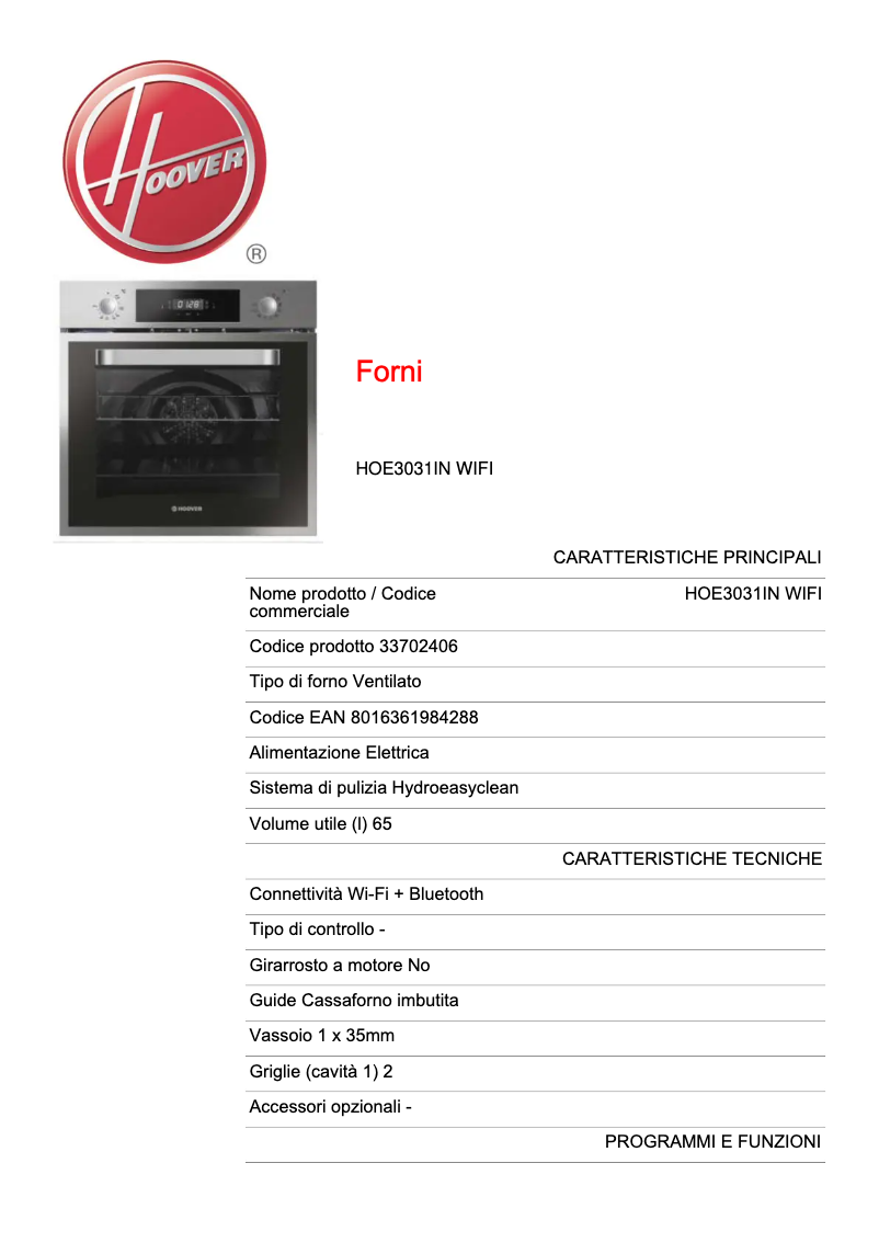 Página 1 del manual Ficha técnica Hoover HOE3031IN WIFI