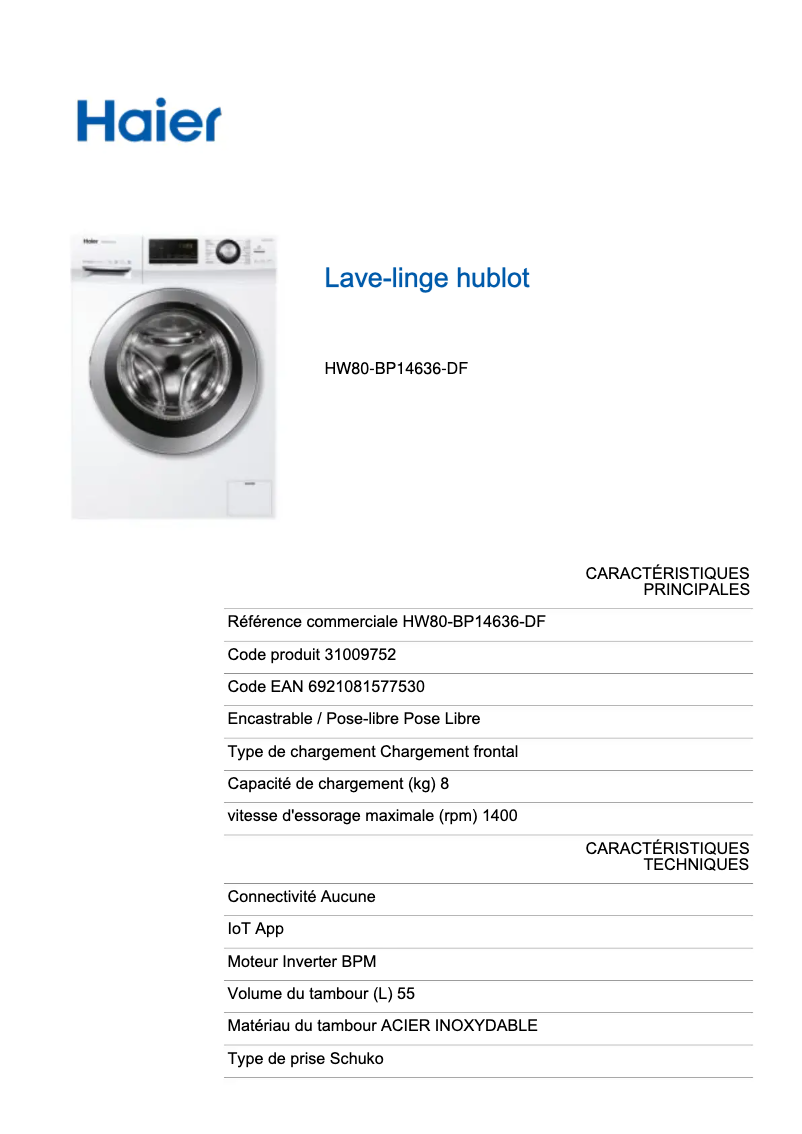 Página 1 del manual Ficha técnica Haier HW80-BP14636
