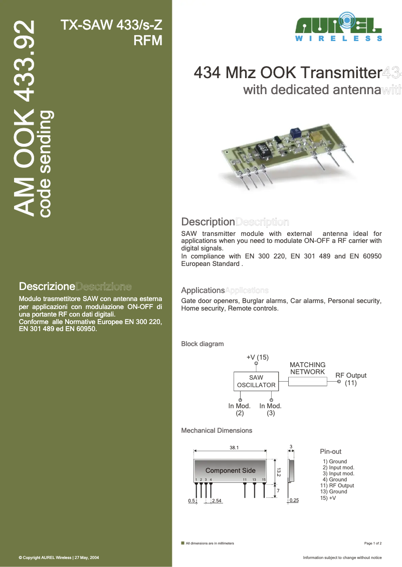 Imagen de la primera página del manual del dispositivo TXSAW433
