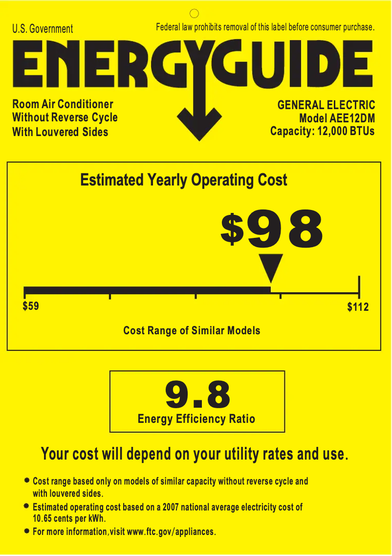 Página 1 del manual Etiqueta energética GE AEE12DM