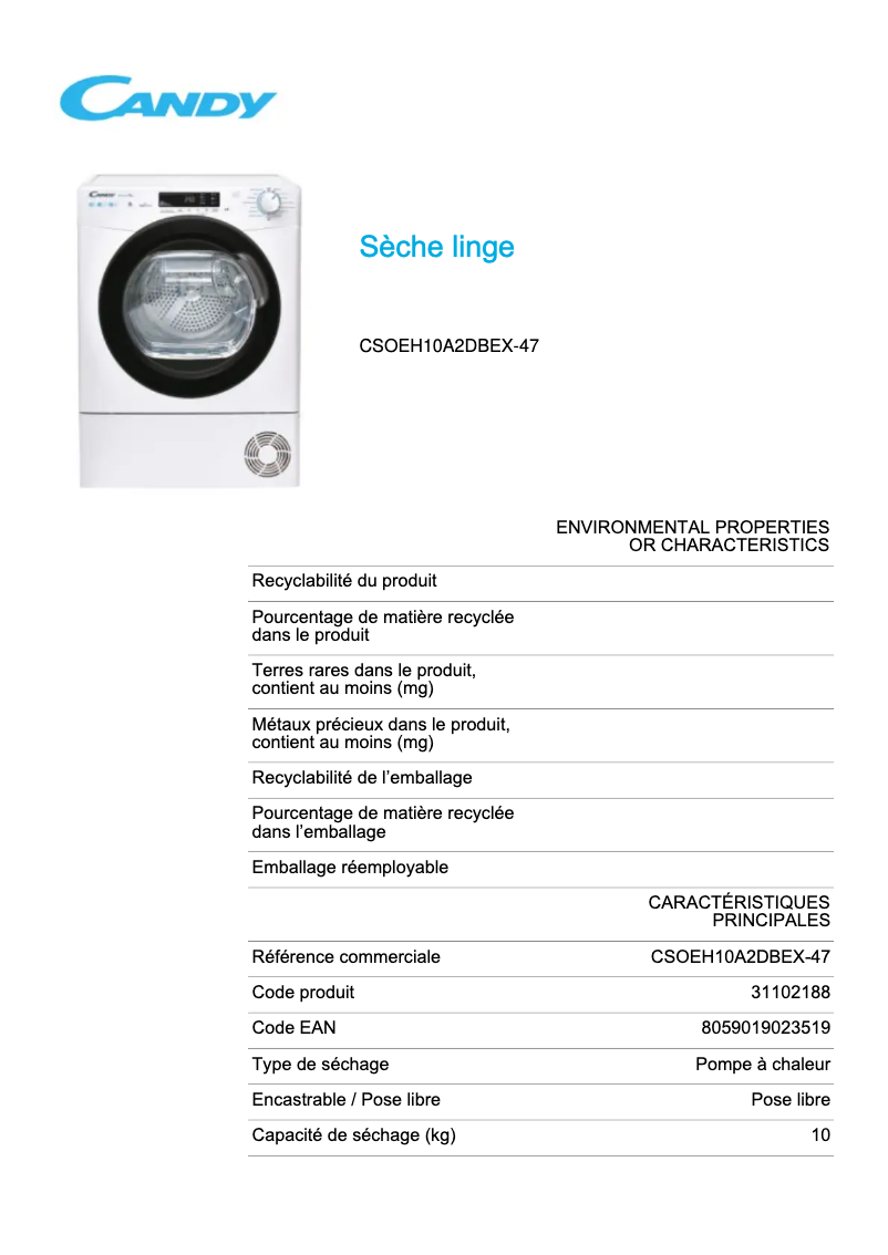 Página 1 del manual Ficha técnica Candy CSOEH10A2DBEX-47