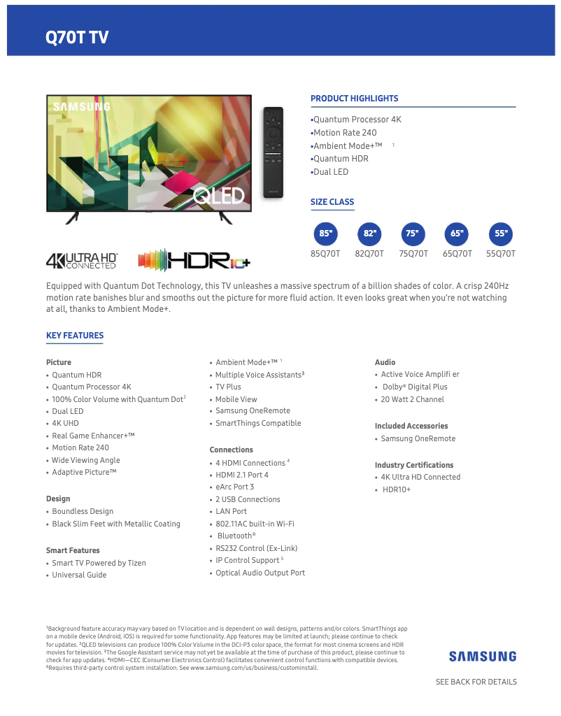 Página 1 del manual Ficha técnica Samsung QN65Q70TAFXZA