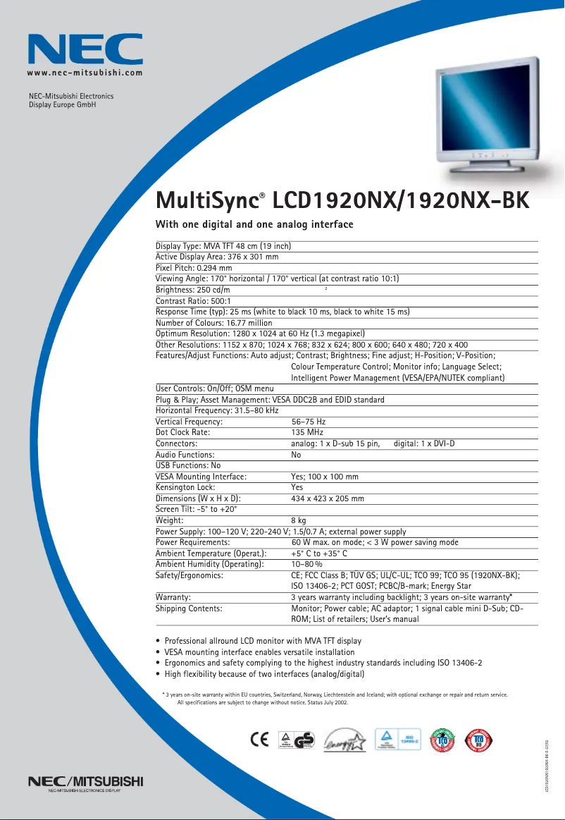 Imagen de la primera página del manual del dispositivo MultiSync LCD1920NXBK