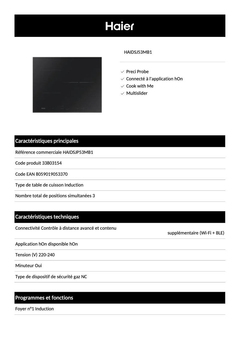 Página 1 del manual Ficha técnica Haier HAIDSJ53MB1