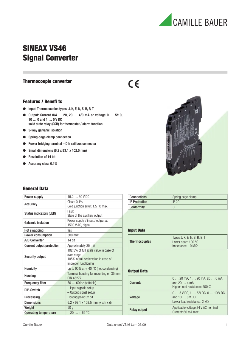 Página 1 del manual Ficha técnica Camille Bauer SINEAX VS46