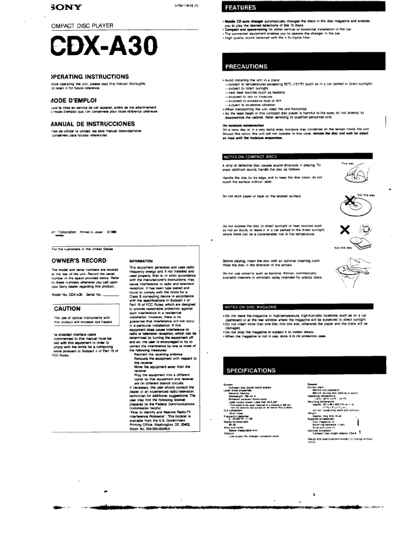 Imagen de la primera página del manual del dispositivo CDX-A30