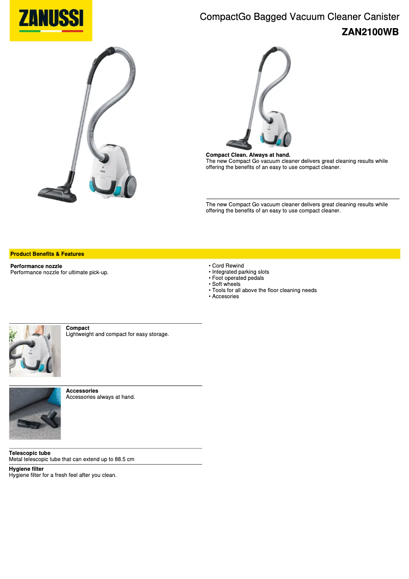 Página 1 del manual Ficha técnica Zanussi ZAN2100WB