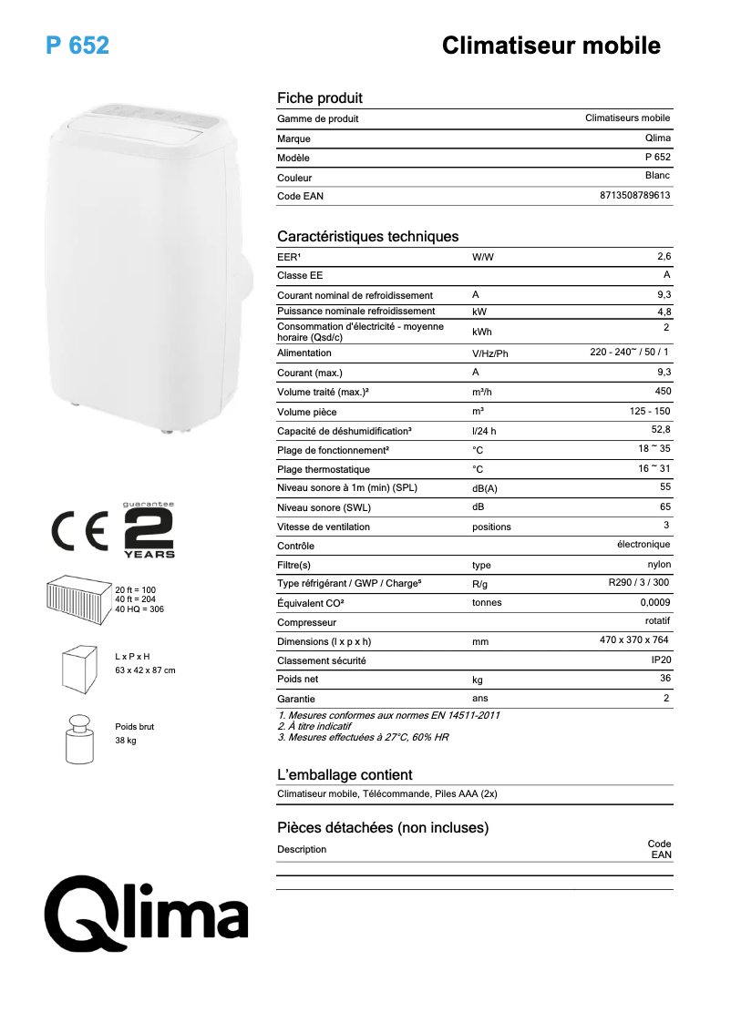 Página 1 del manual Ficha técnica Qlima P652