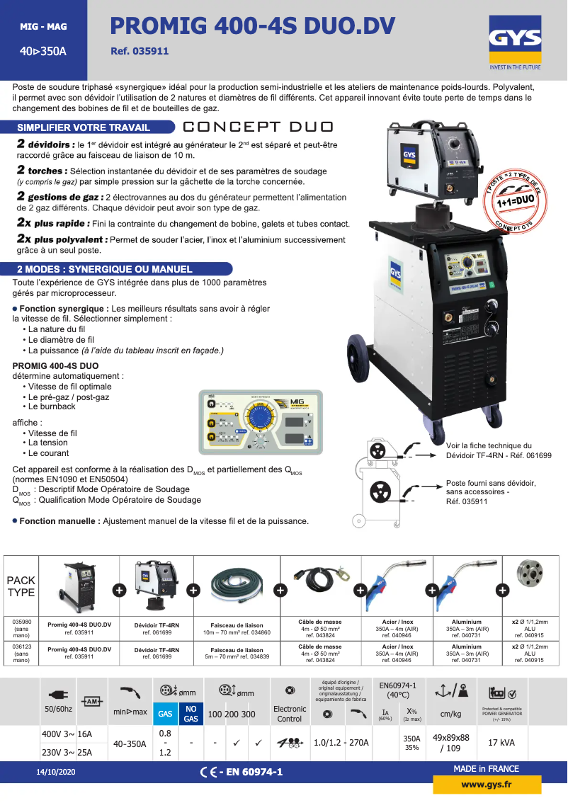 Página 1 del manual Ficha técnica GYS Promig 400 4S DUO DV