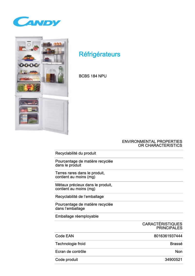 Página 1 del manual Ficha técnica Candy BCBS 184 NPU