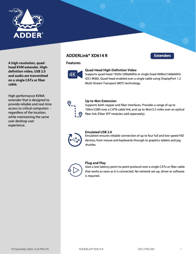 Imagen de la primera página del manual del dispositivo AdderLink XD614