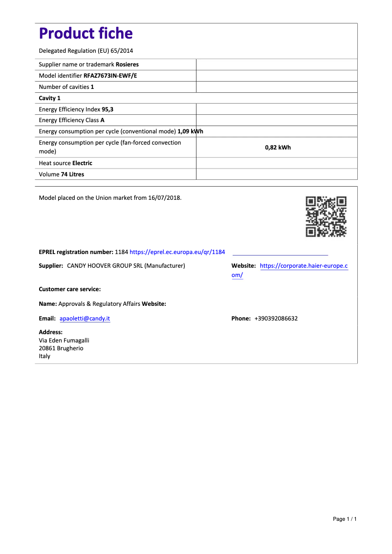 Página 1 del manual Ficha técnica Rosieres RFAZ 7673 IN-EWF/E