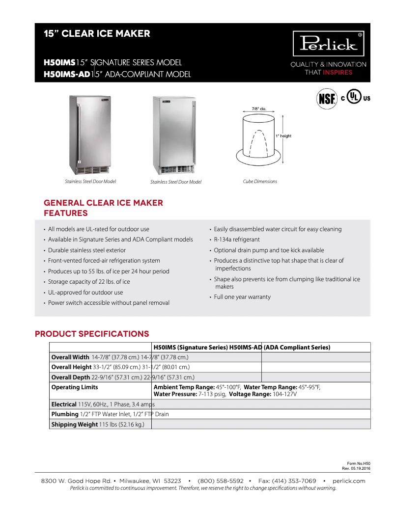 Página 1 del manual Ficha técnica Perlick H50IMS-LC
