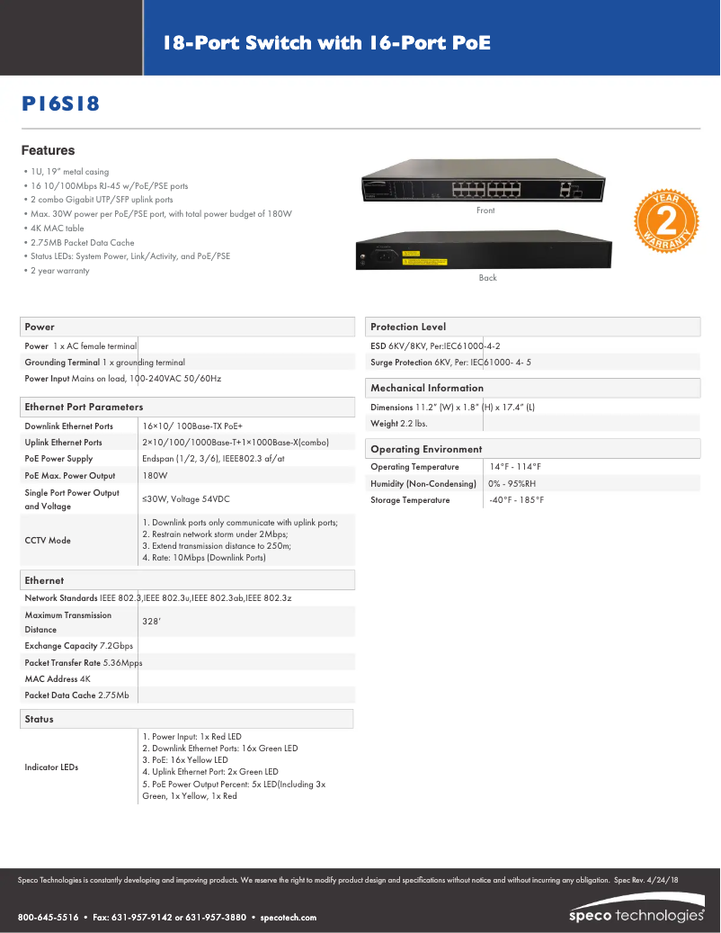 Página nº 1 - Ficha técnica Speco Technologies P16S18